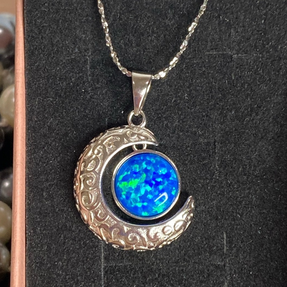 Lab Opal gemstone set in Sterling silver necklace